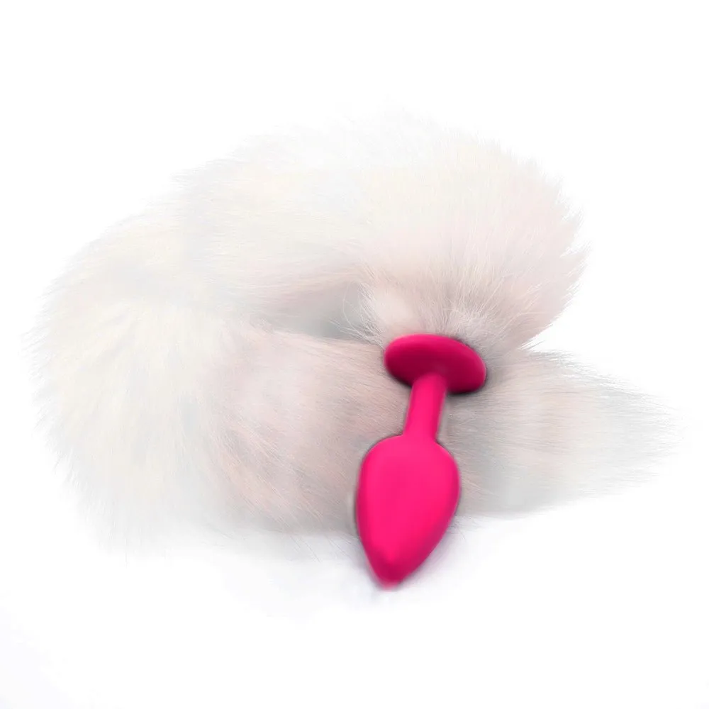 14 White Fox Tail with Pink Silicone Plug