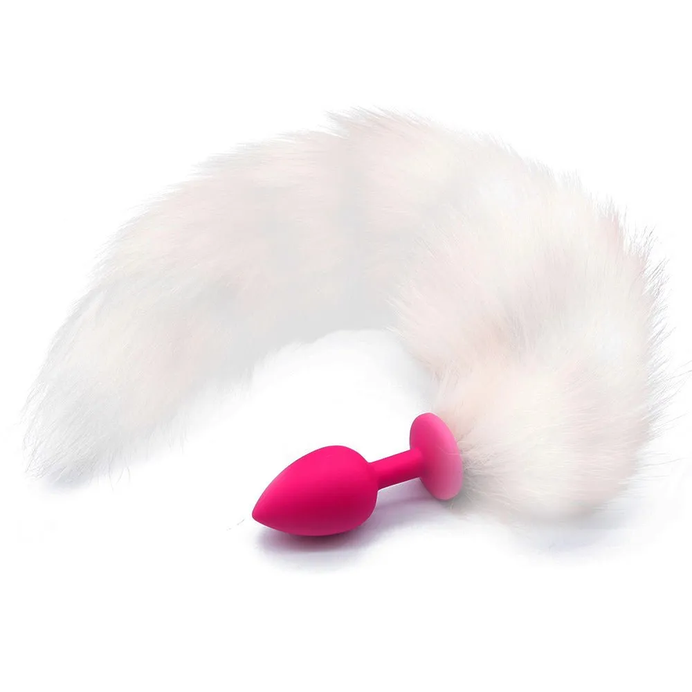 14 White Fox Tail with Pink Silicone Plug
