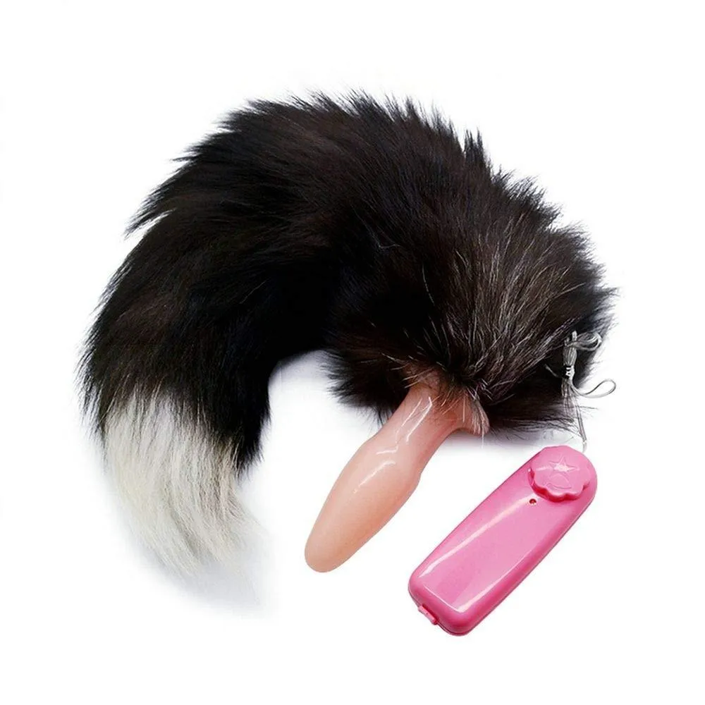15 Dark Fox Tail with a Vibrating Silicone Plug and Extra Vibrator