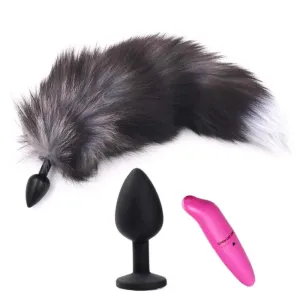 15 Dark Fox Tail with Black Frosted Metal Plug and Extra Vibrator