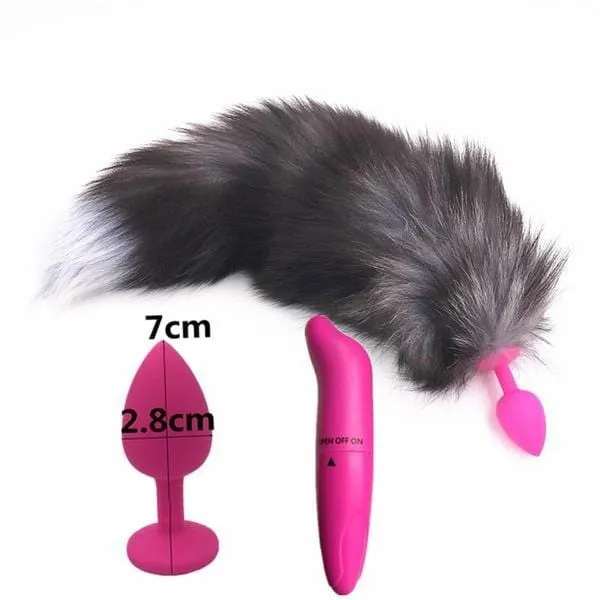 15 Dark Fox Tail with Pink Silicone Princess-type Plug and Extra Vibrator