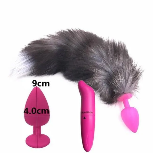 15 Dark Fox Tail with Pink Silicone Princess-type Plug and Extra Vibrator