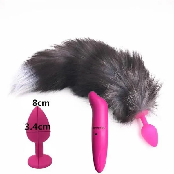 15 Dark Fox Tail with Pink Silicone Princess-type Plug and Extra Vibrator