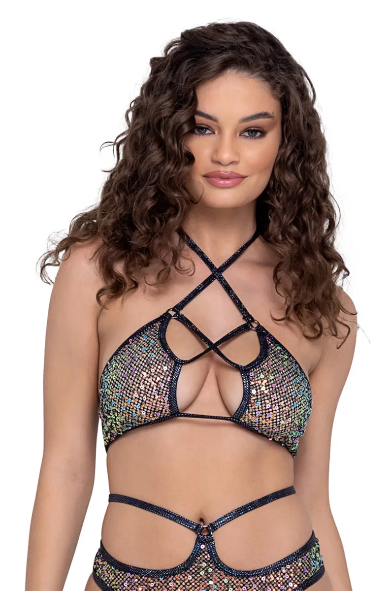 Black Sequin Lace Up Top