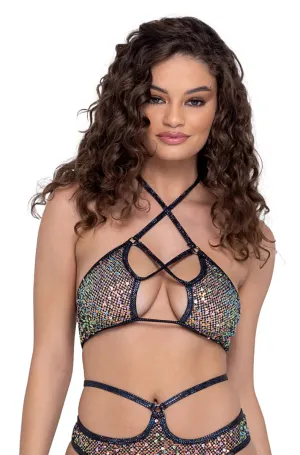 Black Sequin Lace Up Top