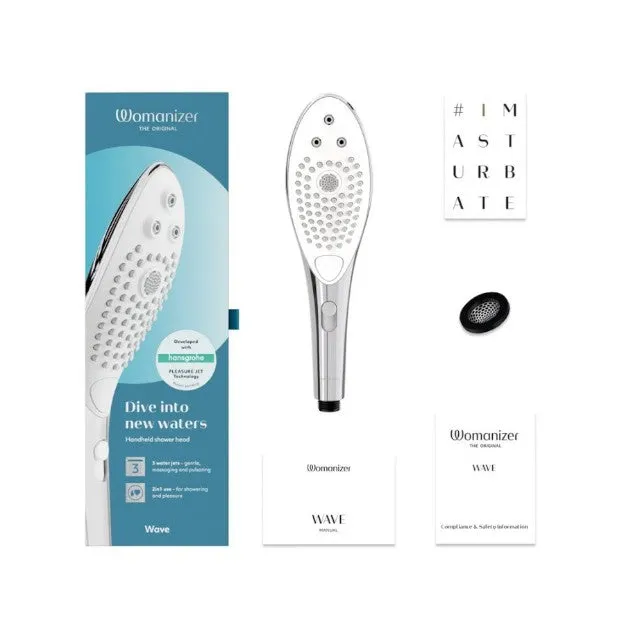 Cap de duș stimulator WOMANIZER Wave Chrome. pentru stimularea clitorisului. 3 tipuri de jet. 2 intensități. argintiu