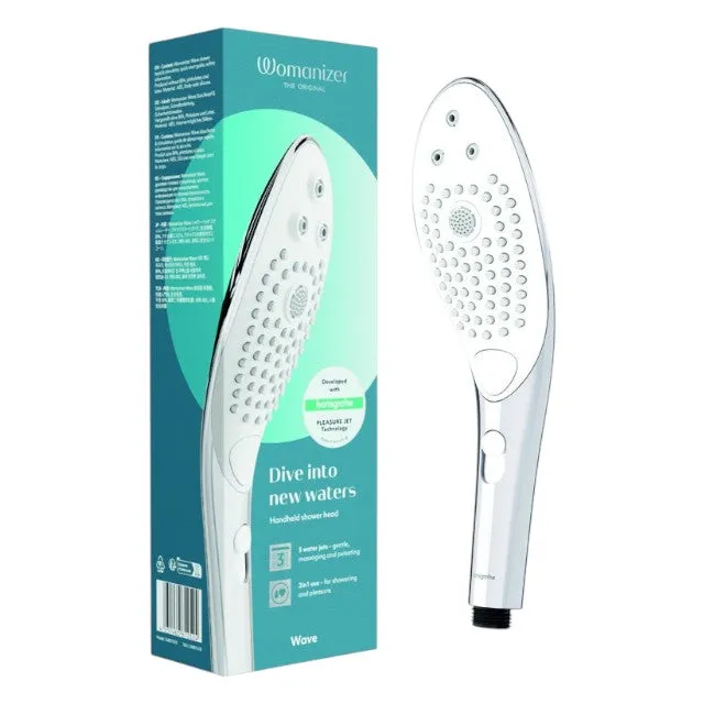 Cap de duș stimulator WOMANIZER Wave Chrome. pentru stimularea clitorisului. 3 tipuri de jet. 2 intensități. argintiu