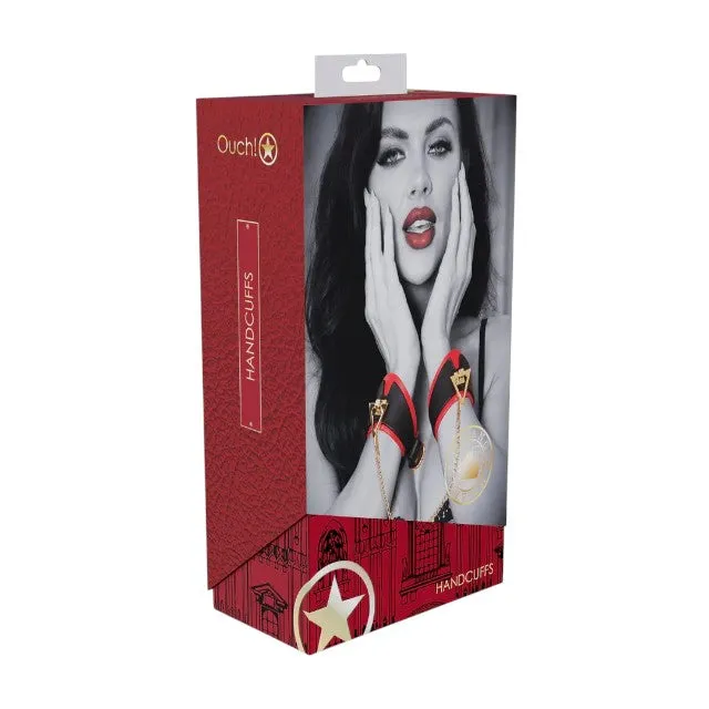 Cătușe OUCH! Handcuffs - Milan Collection. pentru jocuri erotice BDSM. cu lanț auriu. din piele îmbinată. culoare negru cu roșu