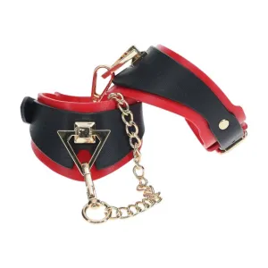 Cătușe OUCH! Handcuffs - Milan Collection. pentru jocuri erotice BDSM. cu lanț auriu. din piele îmbinată. culoare negru cu roșu