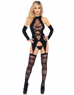 Faux Lace Up Cami Garter. Stockings and Gloves