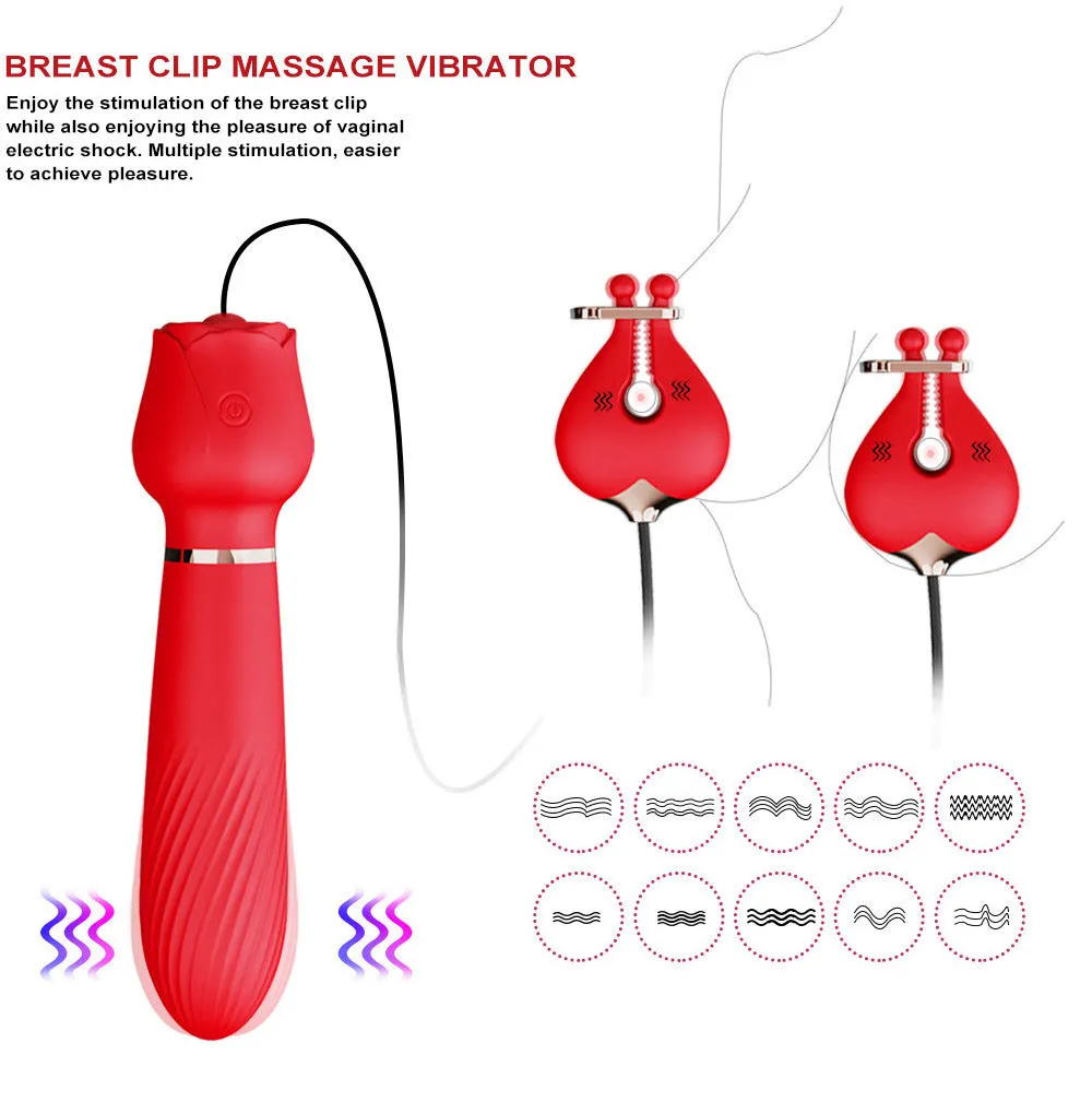 G Spot Vibrating Dildo Double Nipple Clamps Vibrator - 2-in-1 Rose Sex Toy for Women
