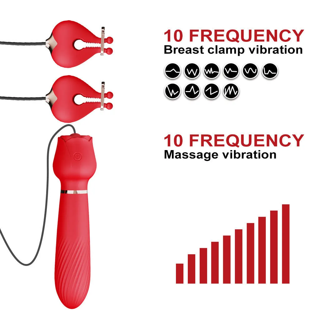 G Spot Vibrating Dildo Double Nipple Clamps Vibrator - 2-in-1 Rose Sex Toy for Women