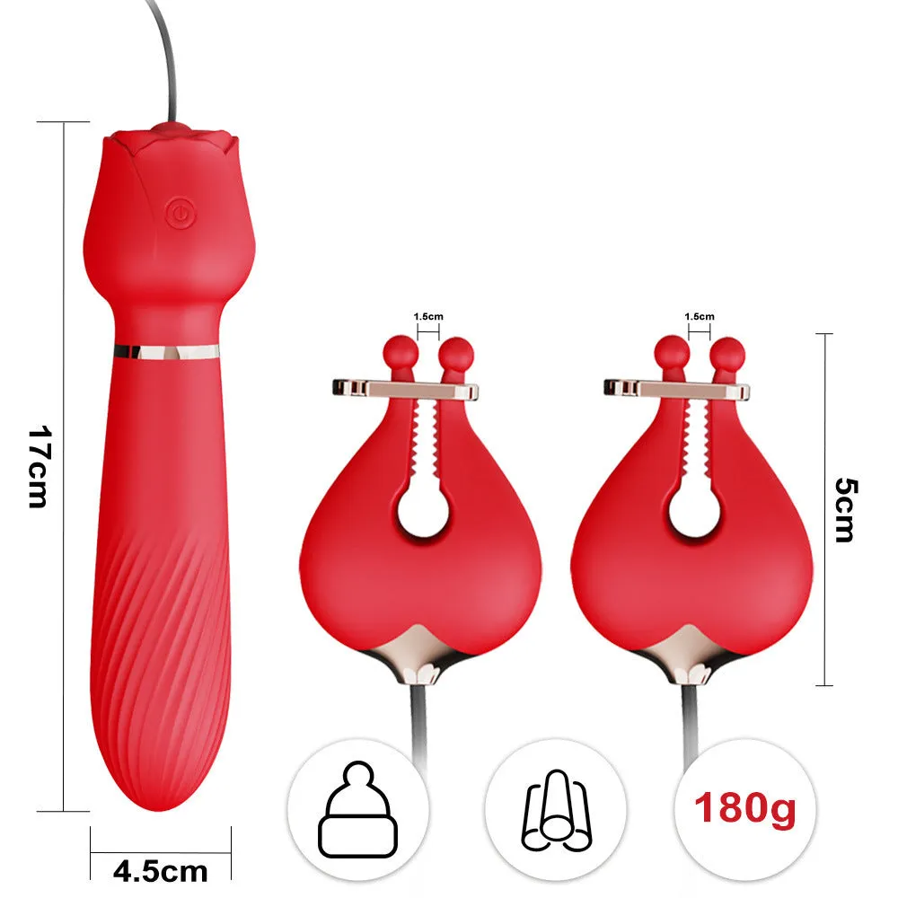G Spot Vibrating Dildo Double Nipple Clamps Vibrator - 2-in-1 Rose Sex Toy for Women