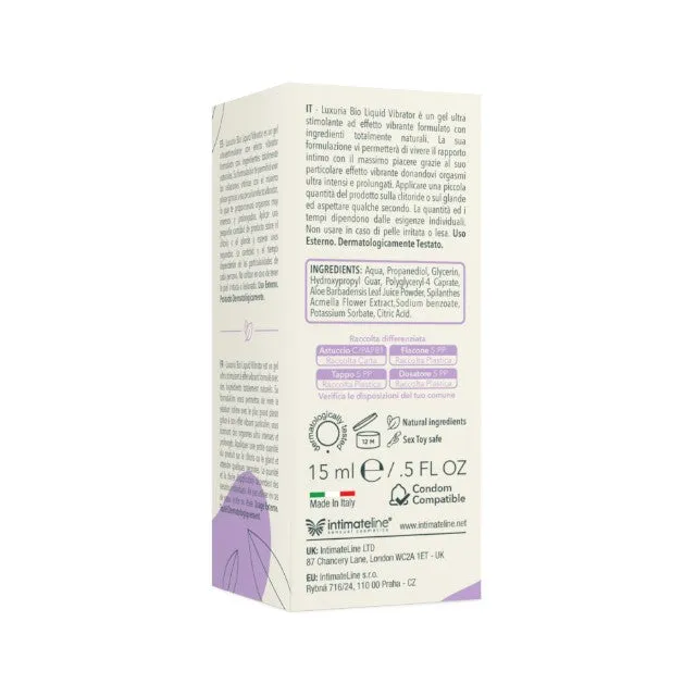 Gel intim LUXURIA Bio Liquid Vibrator. cu efect de furnicături. pentru stimularea clitorisului și orgasm intens. 15 ml