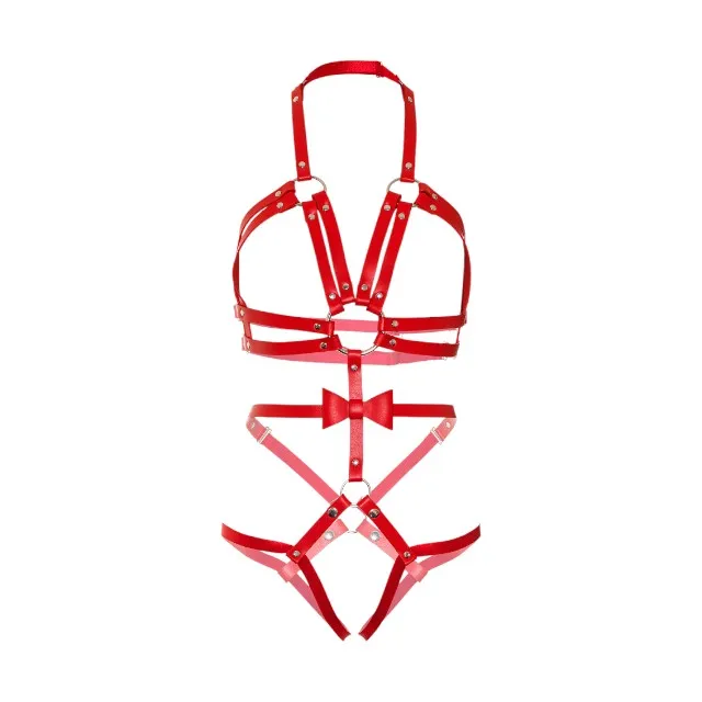 Ham feminin KINK Studded O-Ring Harness Teddy. din piele ecologică. cu chilot detașabil. culoare roșu. mărime M