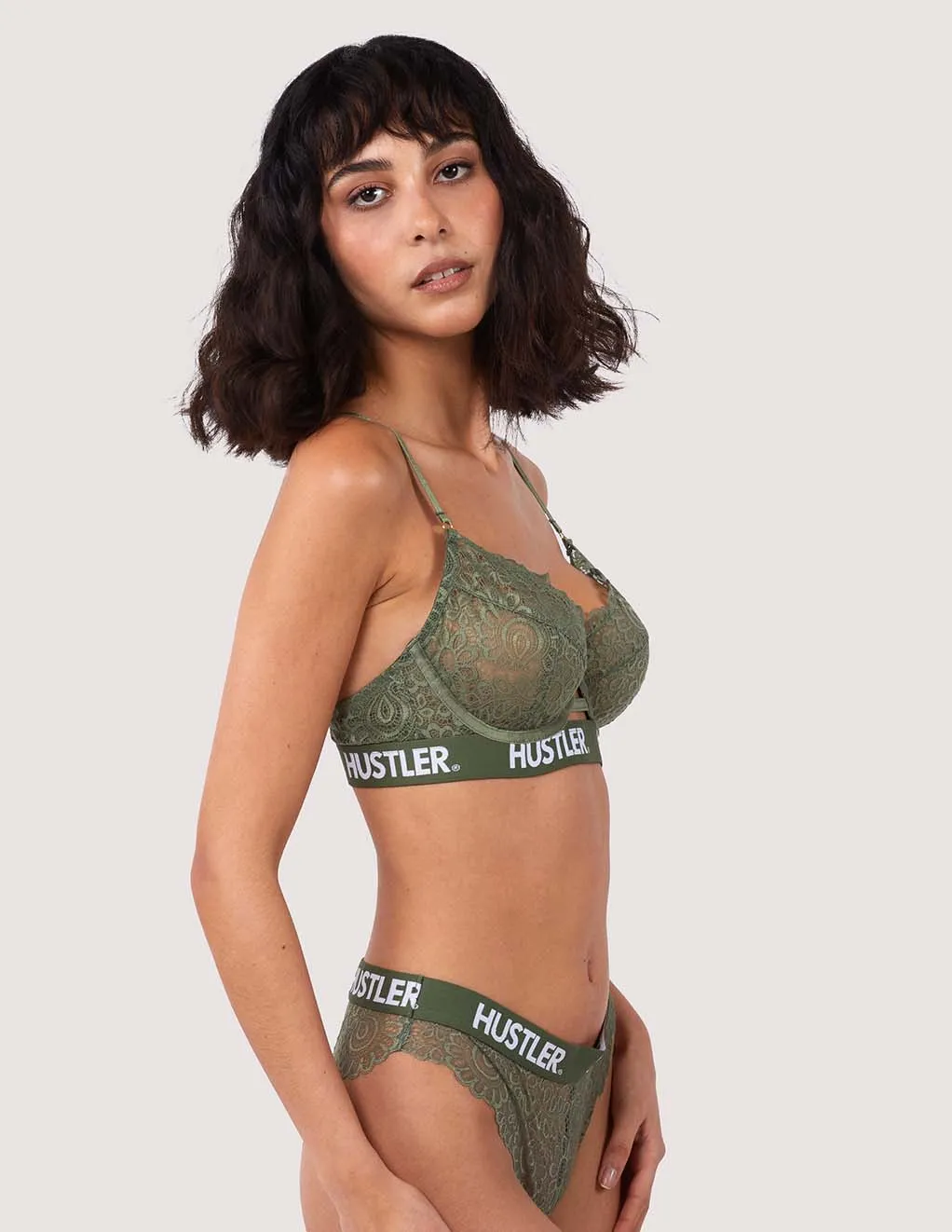 HUSTLER® Logo Lace Bra Olive