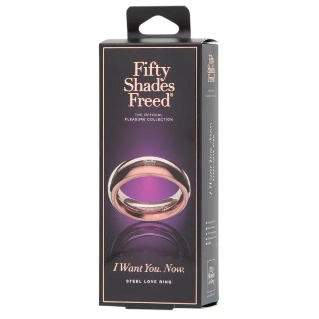 Inel pentru penis FIFTY SHADES FREED I want you now. din oțel rigid. rezistent la apă. culoare auriu