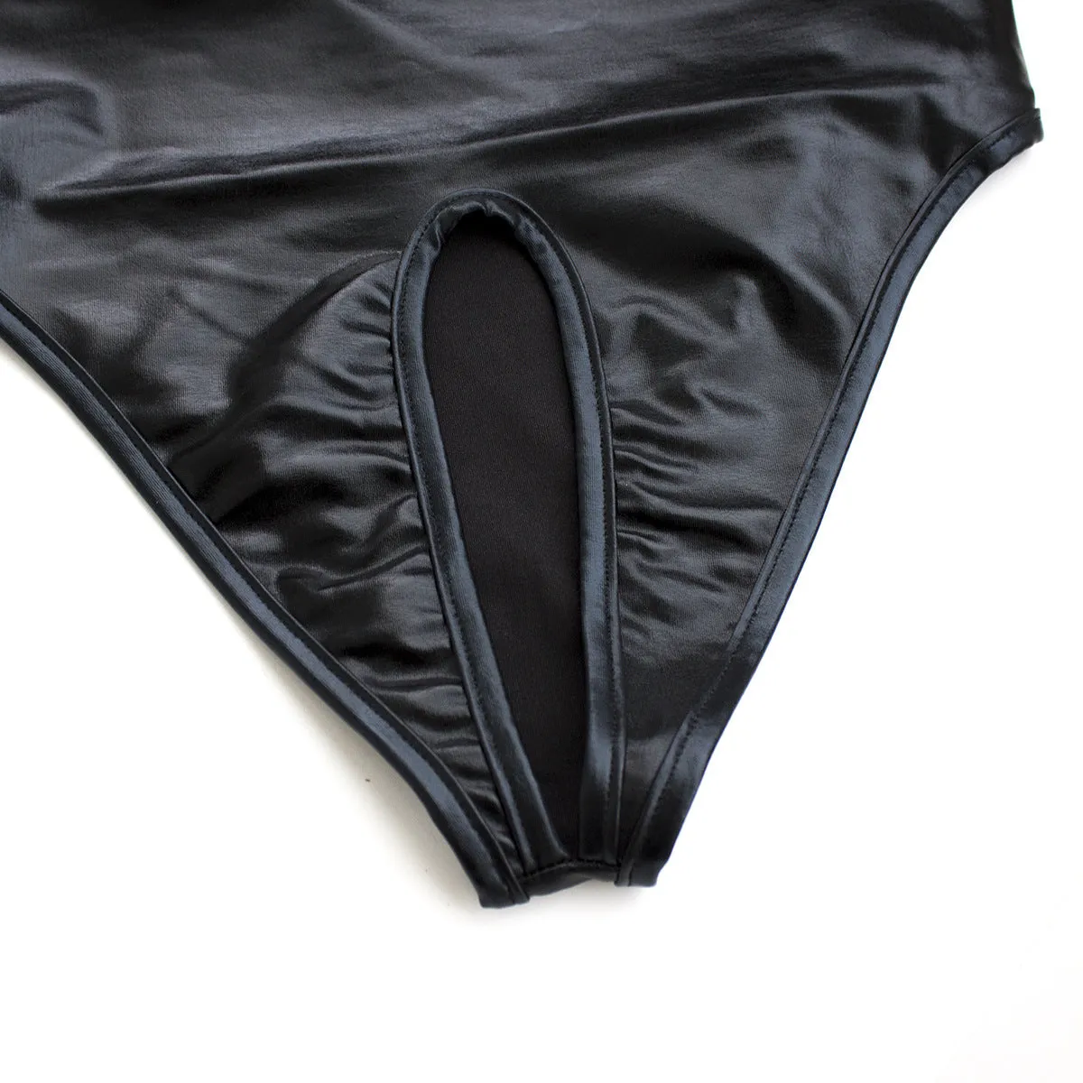 Kink PVC Faux Stretch Leather | Wetlook Bodysuit | Cup Less | Crotchless| Free size