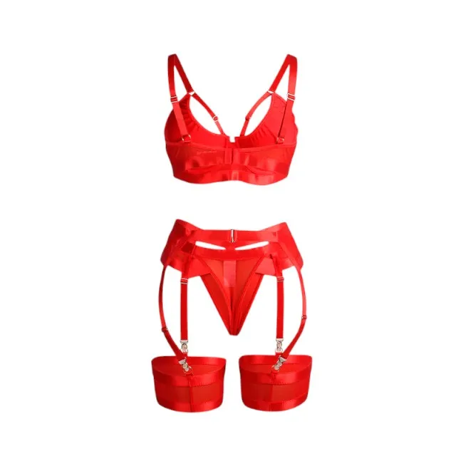 Lenjerie 4 piese SUBBLIME Red Bondage. sutien și portjartier cu decupaje sexy. chilot tanga și jartiere. roșu. mărime L/XL (955267)