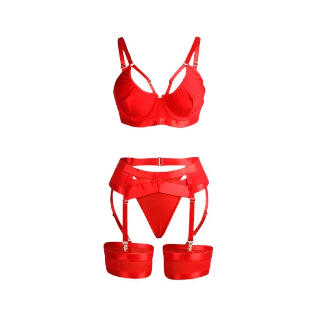 Lenjerie 4 piese SUBBLIME Red Bondage. sutien și portjartier cu decupaje sexy. chilot tanga și jartiere. roșu. mărime L/XL (955267)