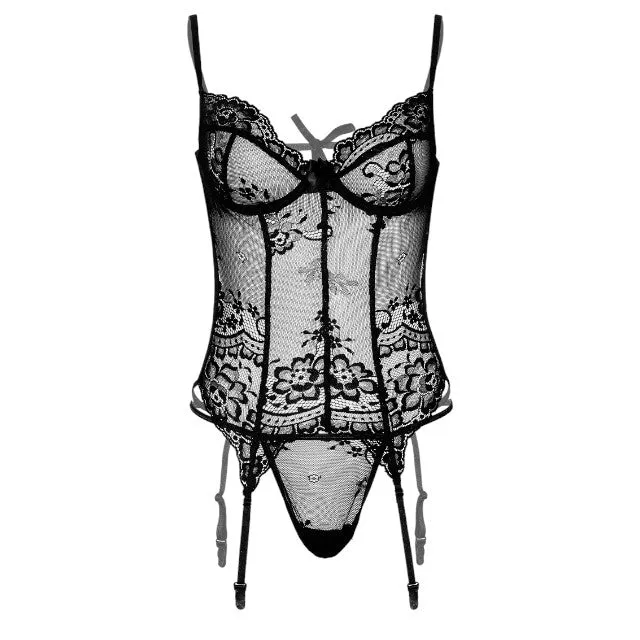 Lenjerie sexy 2 piese DARING INTIMATES Underwire Cami Garter. Top din dantelă și bretele   Chilot tanga. negru. mărime L/XL. model 75115
