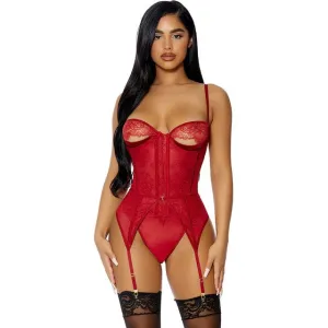 Lenjerie sexy 2 piese FORPLAY Peek Show Teddy Set. body erotic cu dantelă și decupaje   portjartier. roșu. mărime S