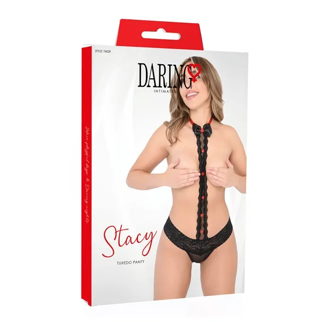 Lenjerie sexy DARING INTIMATES Stacy Tuxedo Panty. design de costum cu papion și chilot tanga. negru cu roșu. mărime S/M. model 76029