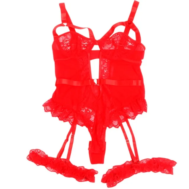 Lenjerie sexy SUBBLIME Teddy with Garter. body din dantelă cu bretele și portjartier. culoare roșu. marime L/XL