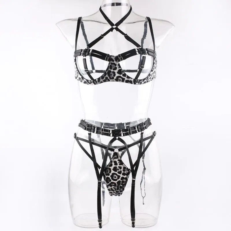 Love Me Strappy Leopard Print Open Bra Lingerie Set