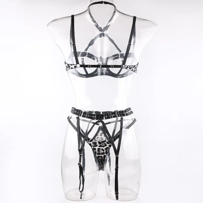 Love Me Strappy Leopard Print Open Bra Lingerie Set