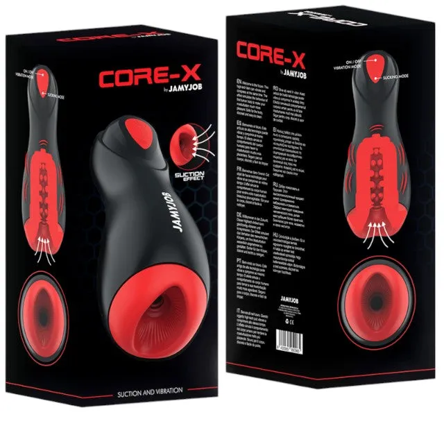 Masturbator automat JAMYJOB Core-X. cu 5 funcții de aspirație. 5 funcții de vibrație. rezistent la apă. negru cu roșu