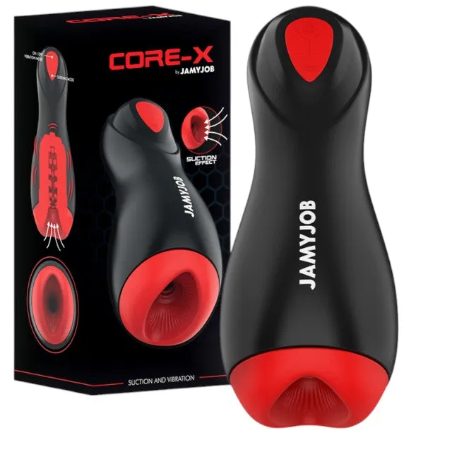 Masturbator automat JAMYJOB Core-X. cu 5 funcții de aspirație. 5 funcții de vibrație. rezistent la apă. negru cu roșu