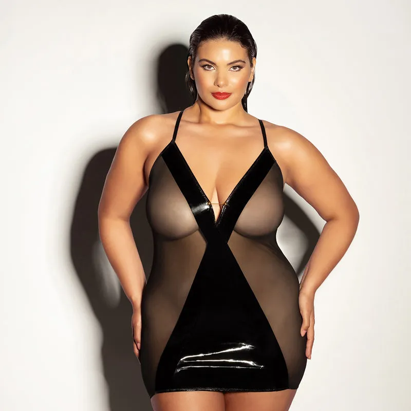 Oh Là Là Chéri Finesse Soft Cup Fitted Vinyl and Mesh Babydoll with Matching G-String 1XL/2XL