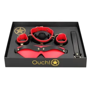 Set bondage OUCH! Sample Box - Milan Collection. pentru jocuri erotice BDSM. cu mască. cătușe. căluș și zgardă. culoare roșu cu negru