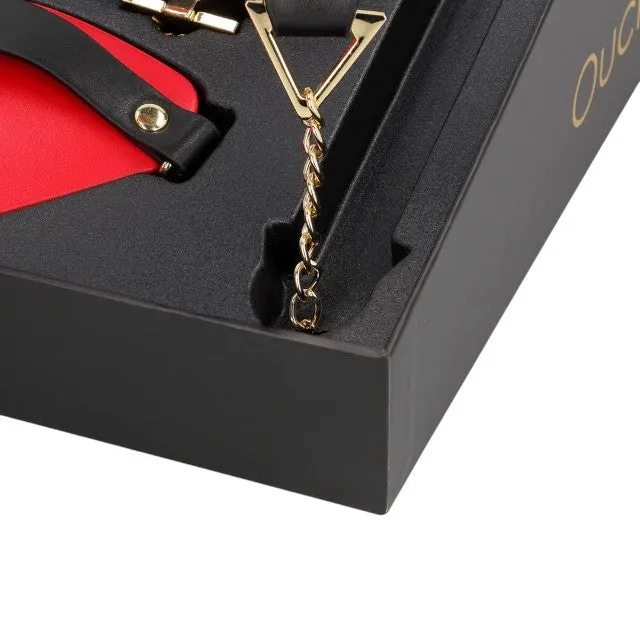 Set bondage OUCH! Sample Box - Milan Collection. pentru jocuri erotice BDSM. cu mască. cătușe. căluș și zgardă. culoare roșu cu negru