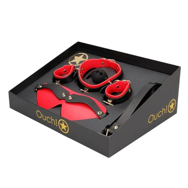 Set bondage OUCH! Sample Box - Milan Collection. pentru jocuri erotice BDSM. cu mască. cătușe. căluș și zgardă. culoare roșu cu negru