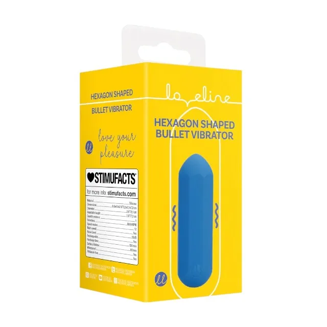 Stimulator clitoris LOVELINE Hexagon Shaped Bullet Vibrator. 12 funcții de vibrație. rezistent la apă. lungime 7.2 cm. albastru
