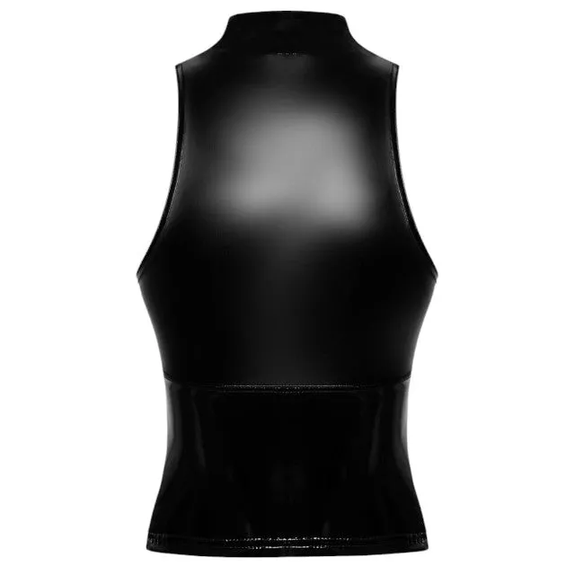 Vestă sexy NOIR HANDMADE Top. din material lucios. design cu guler pe gât și fermoar. culoare negru. mărime S