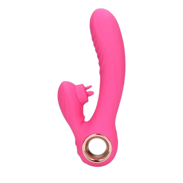 Vibrator dublu LOVELINE BY SHOTS Tongue Flickering and Heating Rabbit. cu funcție de încălzire. >10 funcții de vibrație. culoare roz