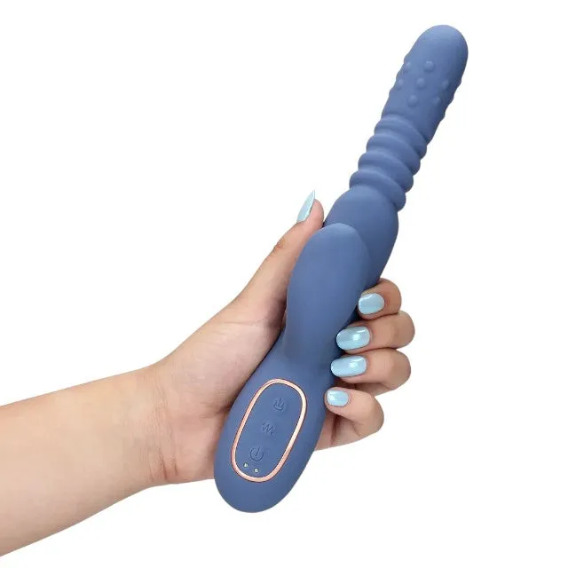 Vibrator dublu LOVELINE BY SHOTS Warming Rotating Beads and Thrusting Rabbit. cu funcție de încălzire și penetrare. culoare albastru