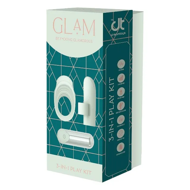 Vibrator multifuncțional DREAMTOYS Glam 3-In-1 Play Kit. purtare pe deget sau ca inel de penis. 7 funcții de vibrație. 3 viteze. verde