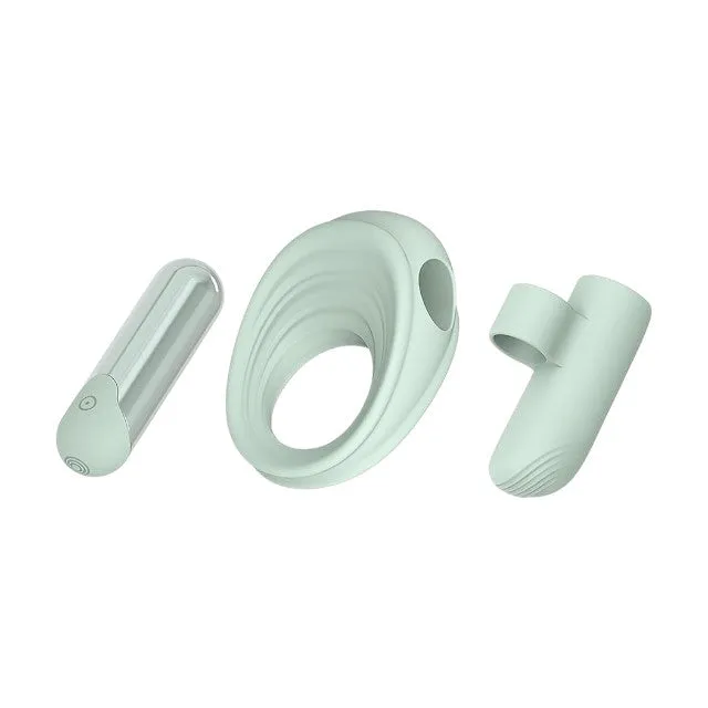 Vibrator multifuncțional DREAMTOYS Glam 3-In-1 Play Kit. purtare pe deget sau ca inel de penis. 7 funcții de vibrație. 3 viteze. verde