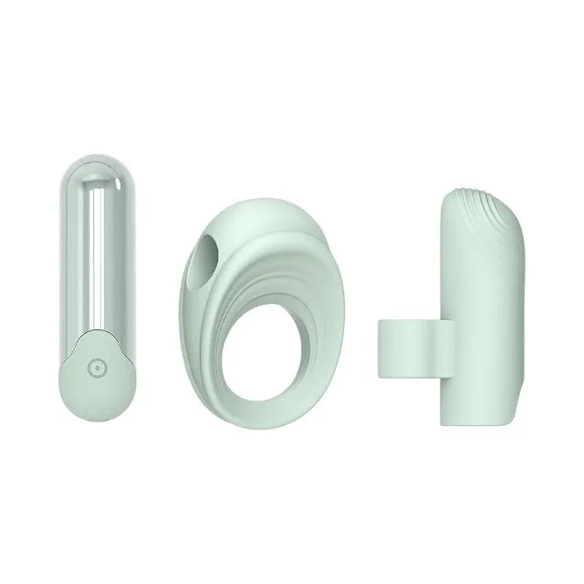 Vibrator multifuncțional DREAMTOYS Glam 3-In-1 Play Kit. purtare pe deget sau ca inel de penis. 7 funcții de vibrație. 3 viteze. verde